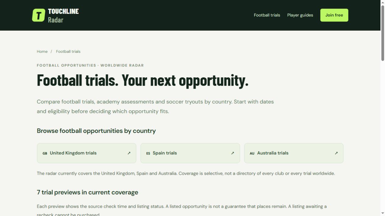 Public TOUCHLINE Radar page showing country navigation and free football trial previews, captured on 8 October 2026